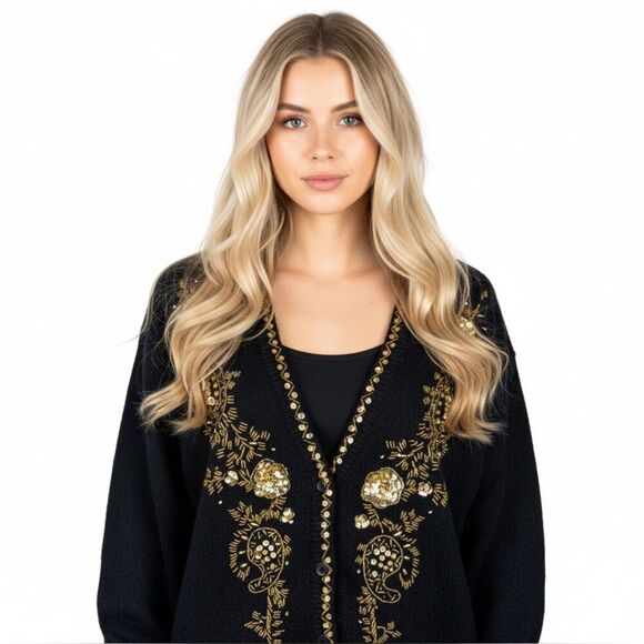 Vintage Alfred Dunner Gold Black Sequin Embroidered Sweater Cardigan Medium - Picture 1 of 6
